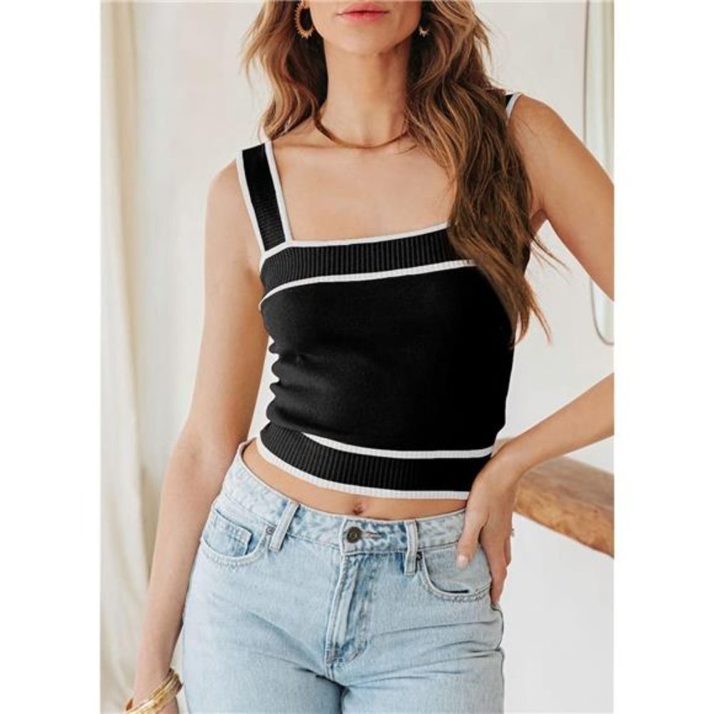 Black Colorblock Knit‎ Y2K Crop Top Square Neck Tank Top Sleeveless Cami Shirt